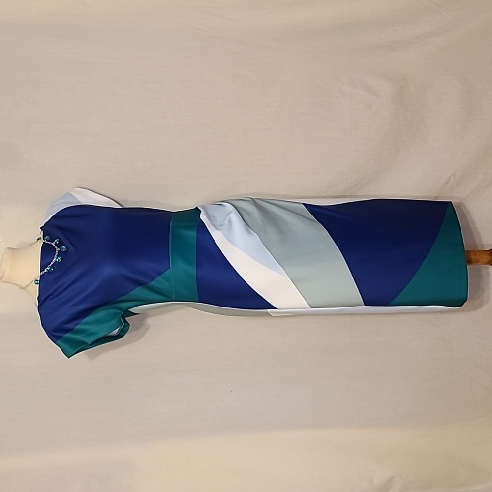 Donna Karan Blue Green Cream Abstract Print Short Sleeve Boat Neck Midi Dress - Picture 3 of 16